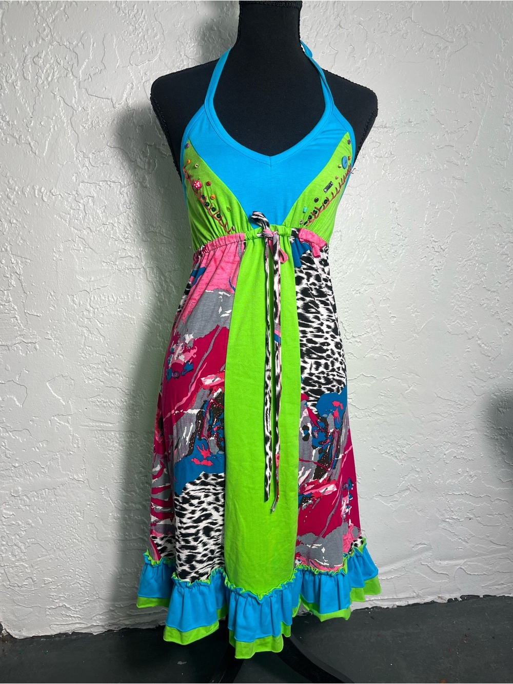 Forla Paris Neon Patchwork Halter Maxi Dress Size S NWT